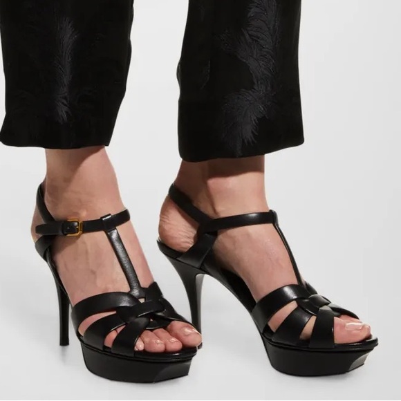 SAINT LAURENT TRIBUTE sandals black open toe strappy stiletto platform 36.5 - Picture 2 of 15